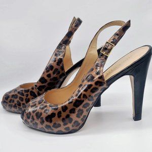 NWOT Nine West Patent Leather Leopard Print Sling Back Stiletto Heels, Size 8.5